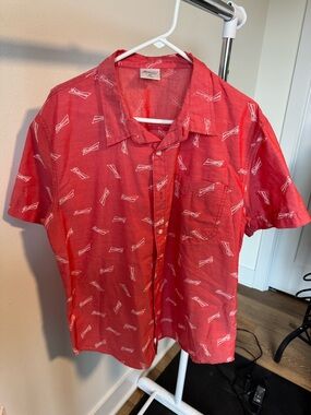 Budweiser Red All-Over Print Short Sleeve Button-Up Shirt Size XL PARTY SHIRT